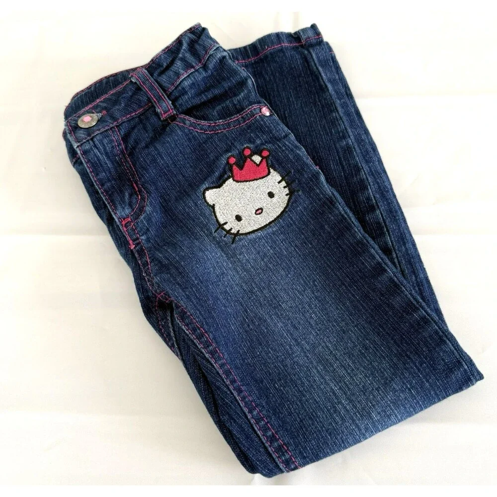 Macy's Hello Kitty Jeans Girls Size 5 Adjustable Waist Straight Leg Embroidered